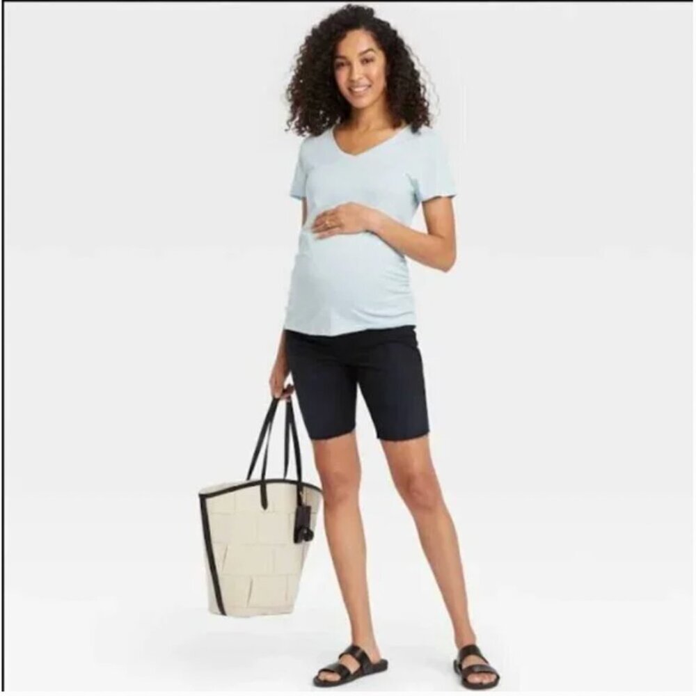 Isabel Maternity Black Bermuda Denim Shorts – Full Panel Crossover Back, 9”